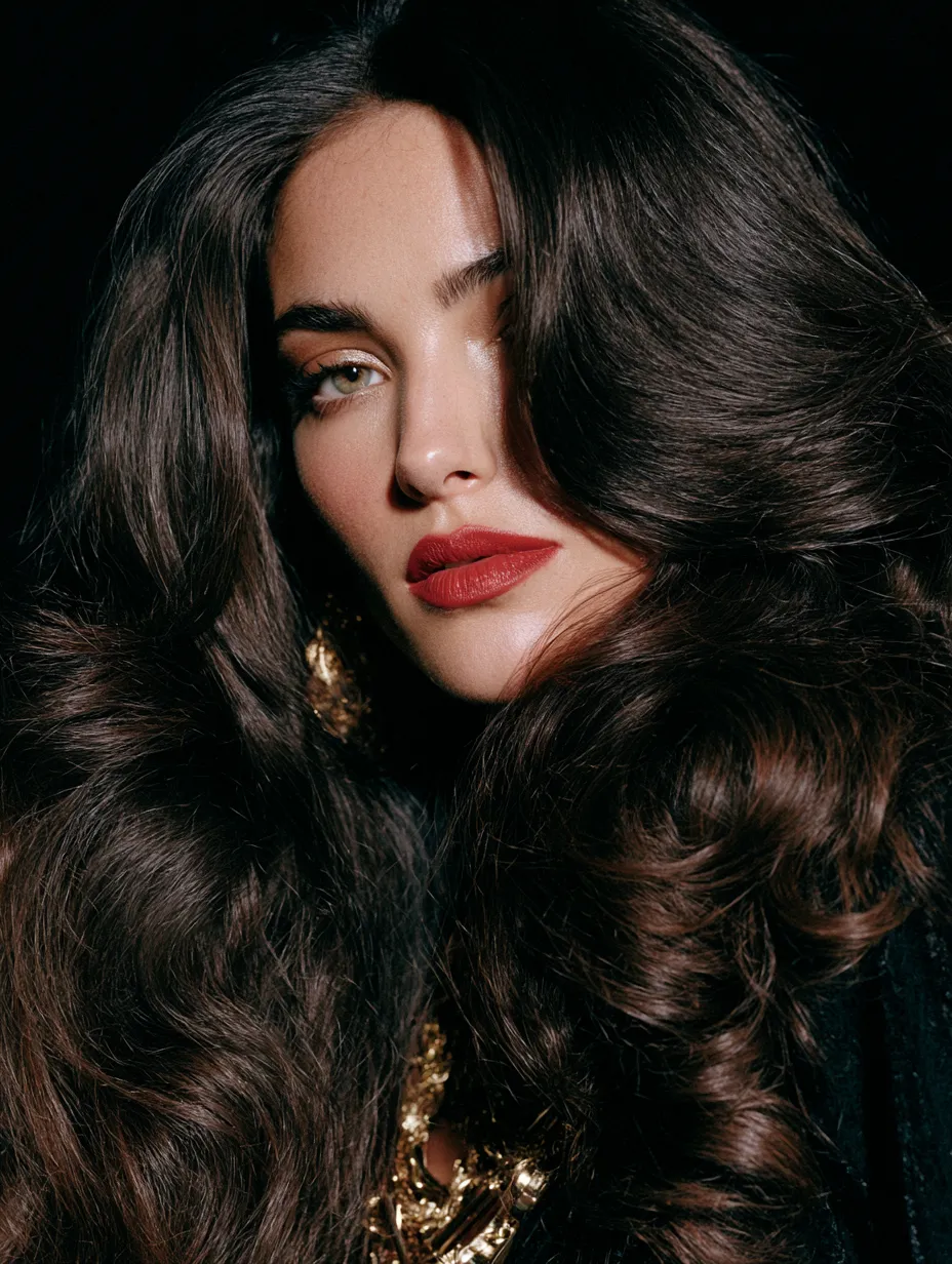 Mob wife aesthetic hair 2026 with long voluminous dark brunette blowout waves and bold red lips
