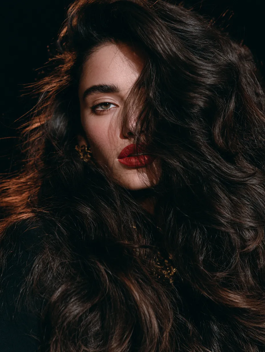 Dramatic mob wife hair look 2026 featuring rich chocolate-black color and heavy volume