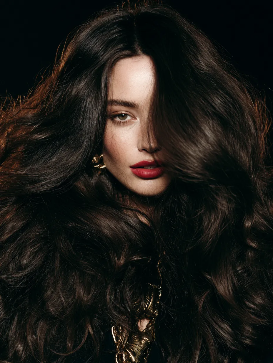 2026 mob wife aesthetic hair trend with glamorous brunette waves and gold jewelry editorial portrait