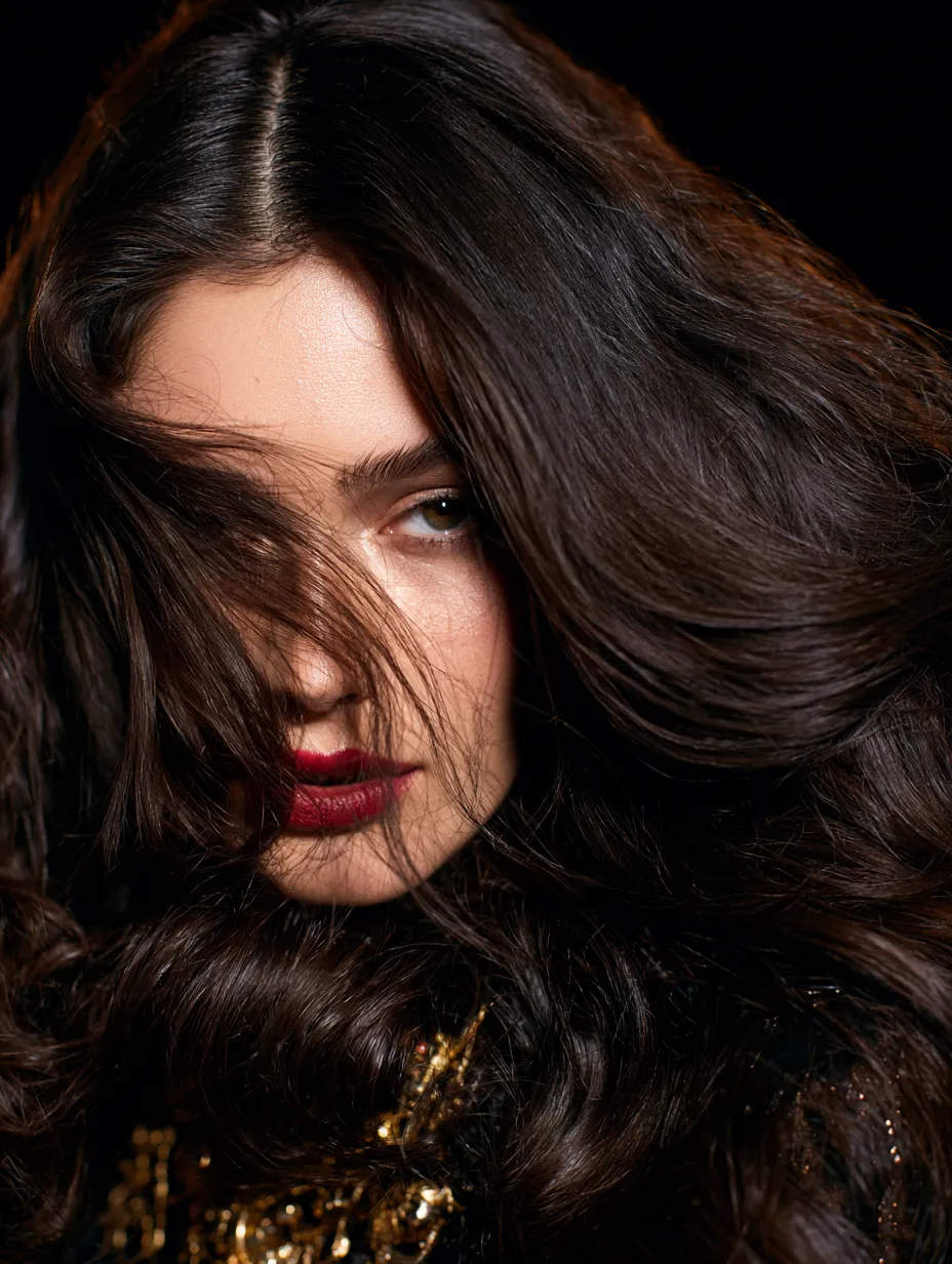 Mob wife inspired hair 2026 in deep brunette with cinematic warm lighting and full volume blowout