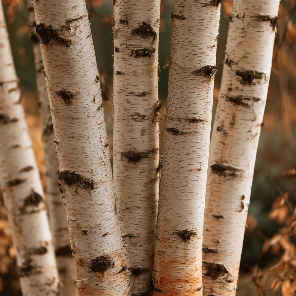 Birch tree stem bark detail for modern garden design with peeling white papery layers and dark markings