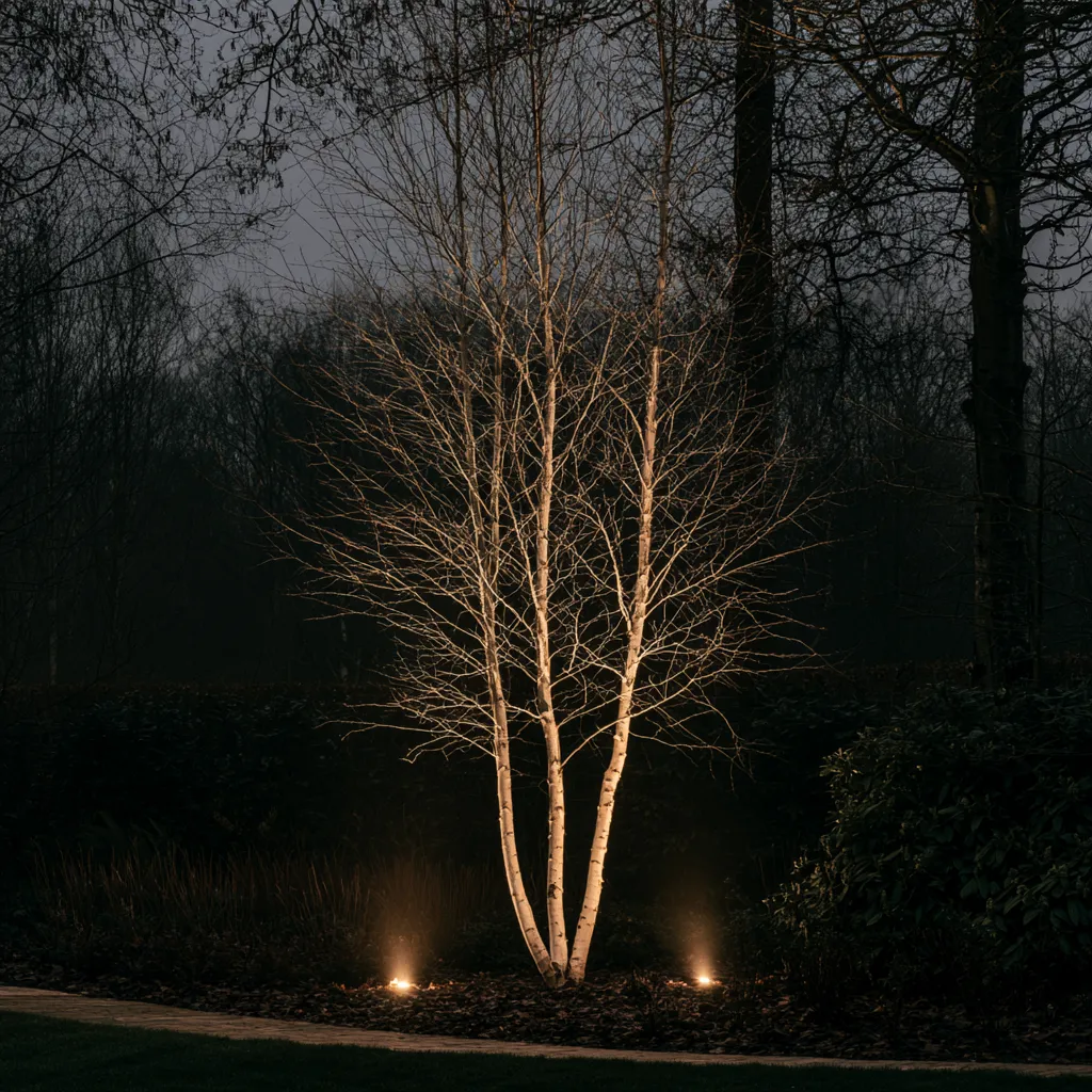 Contemporary garden design multi-stem birch illuminated at night with focused uplights and winter stem silhouette