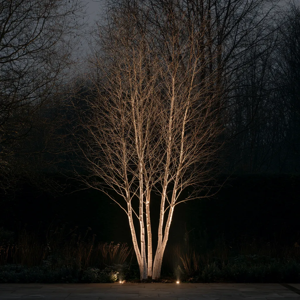 Modern landscape night view of multi-stem birch tree with uplight raking white bark stems against dark garden