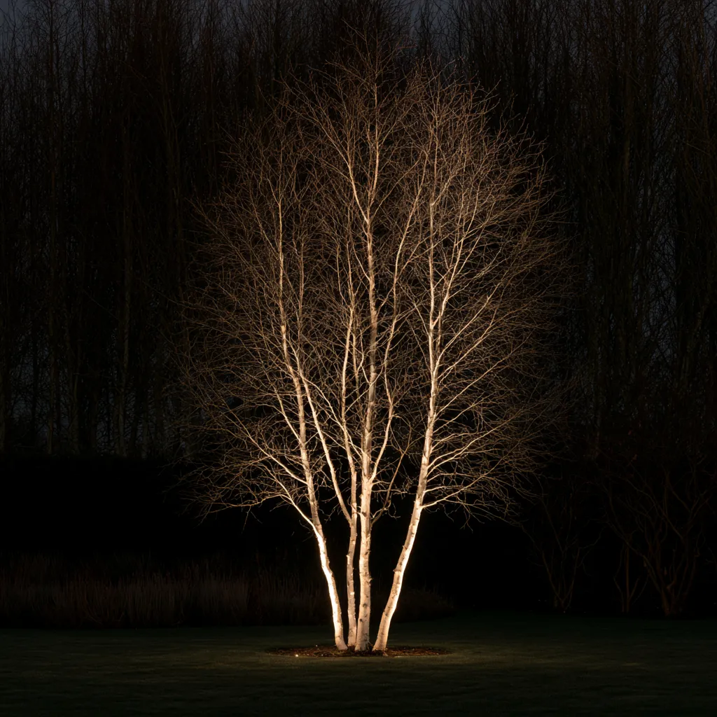 Illuminated multi-stem birch tree garden design modern landscape with atmospheric stem uplighting at night