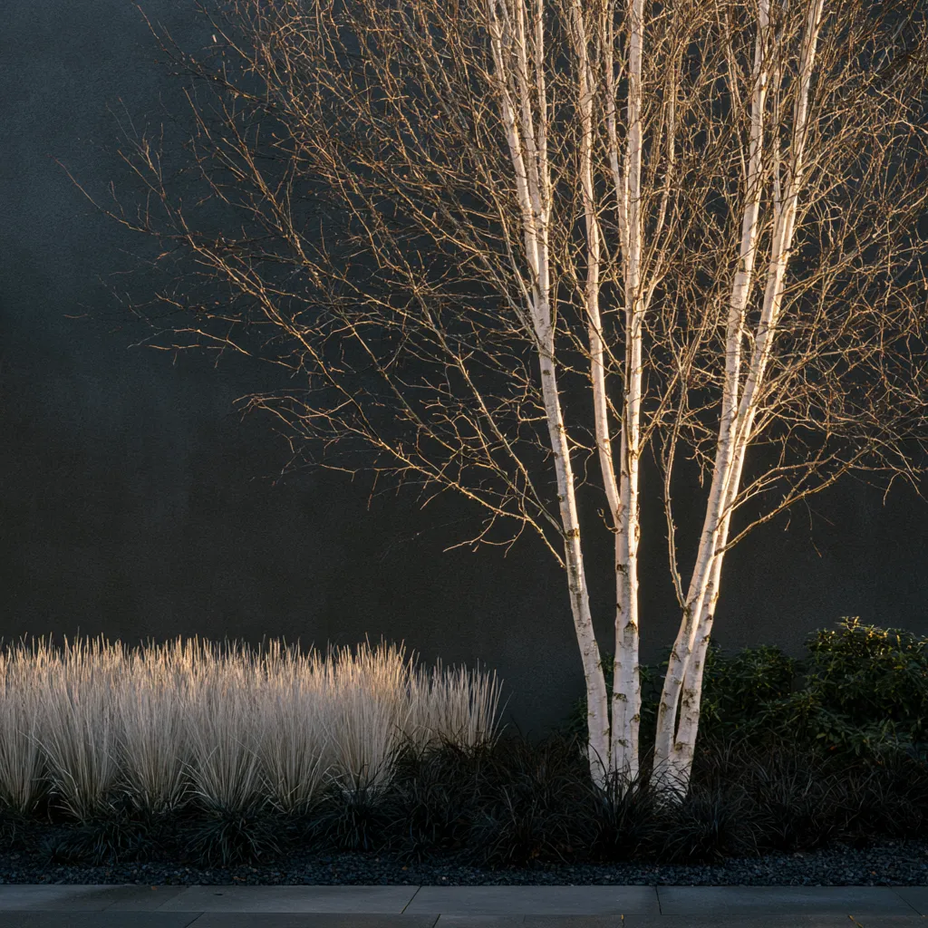 Multi-stem birch tree garden design for modern landscape with white bark against dark render wall and dark gravel