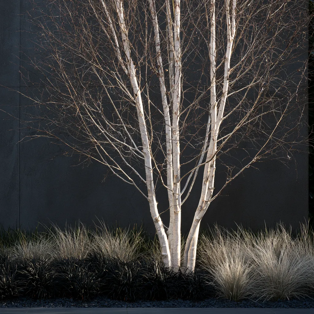 Contemporary garden multi-stem birch with white stems in winter against anthracite render and Ophiopogon underplanting