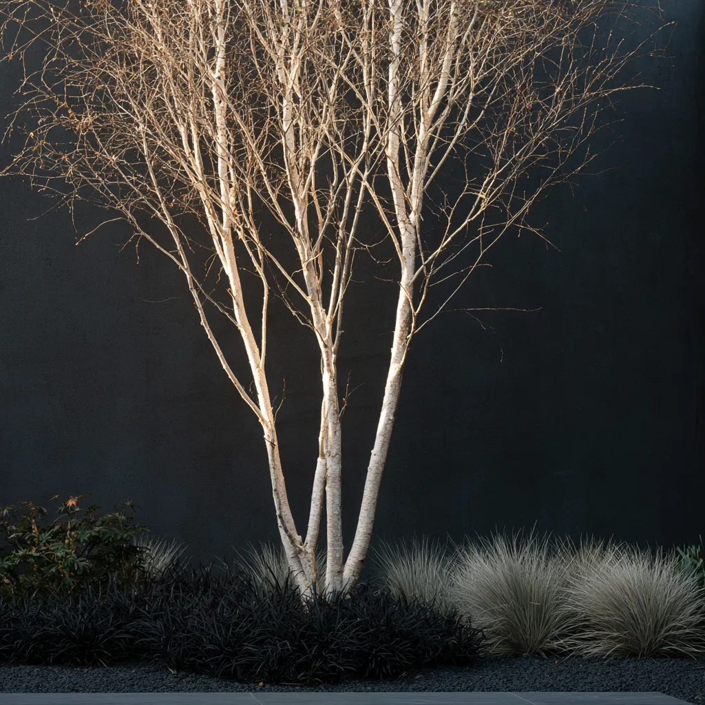 Modern landscape design with multi-stem birch tree glowing white bark dark wall and silver grass groundcover
