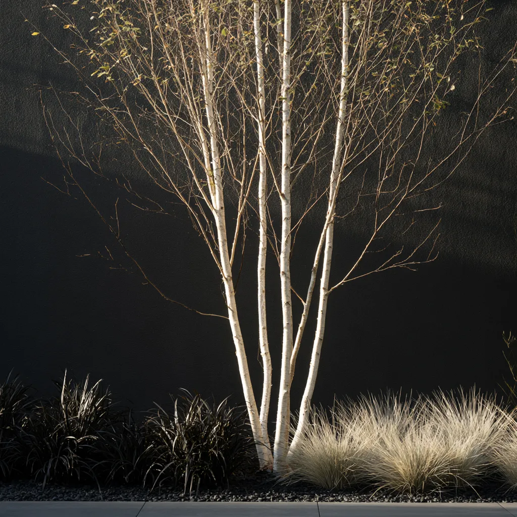 Architectural garden design featuring multi-stem birch tree white stems against dark rendered backdrop in winter