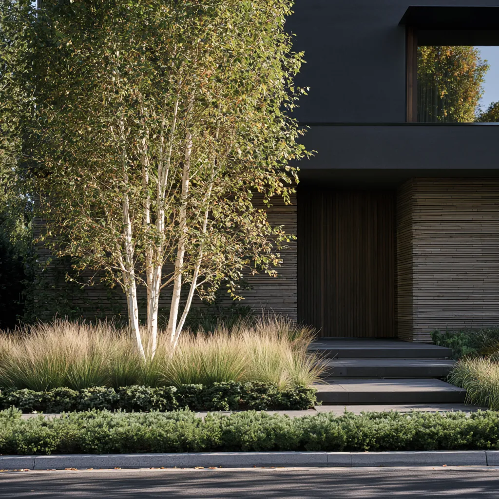 Contemporary front garden landscape with multi-stem birch white stems and ornamental grass underplanting