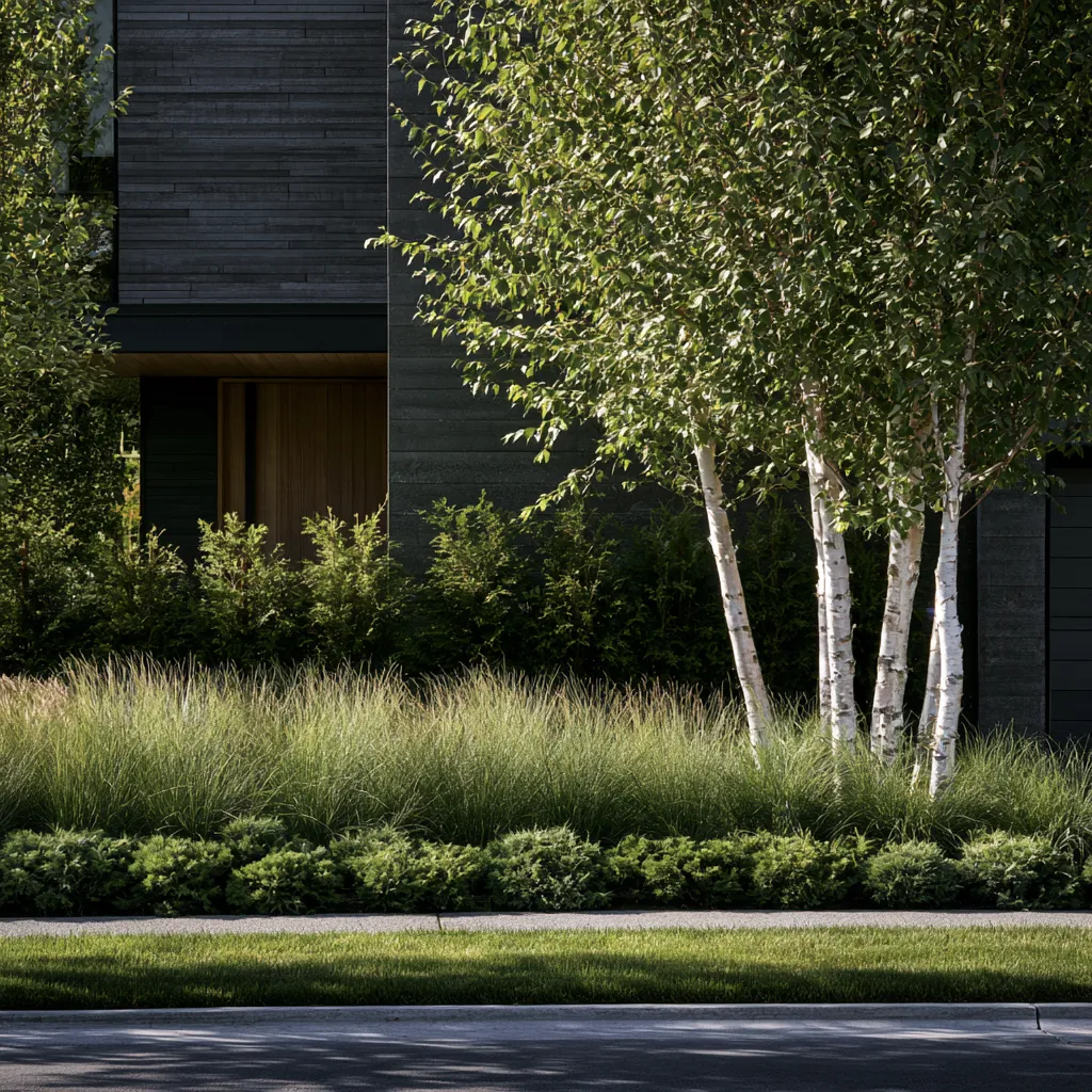Modern residential landscape garden design with multi-stem birch tree against dark house facade and planted border