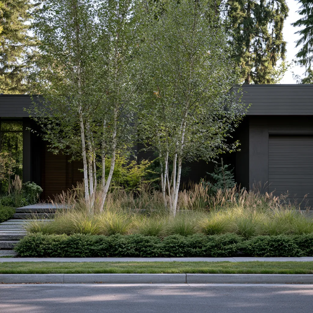 Street view of contemporary home with multi-stem birch garden tree design and gravel underplanting scheme
