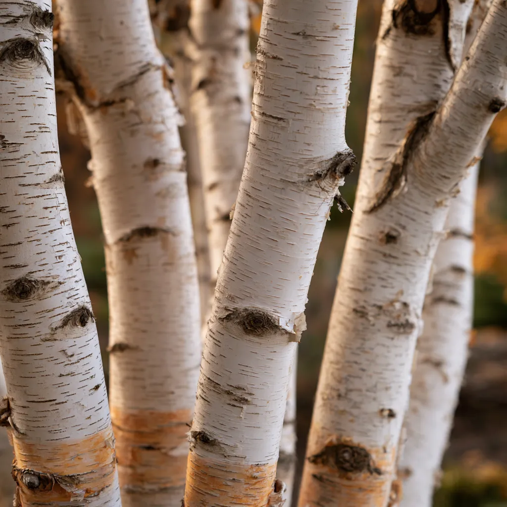 Multi-stem birch bark close-up showing white peeling bark with dark lenticels for garden design reference