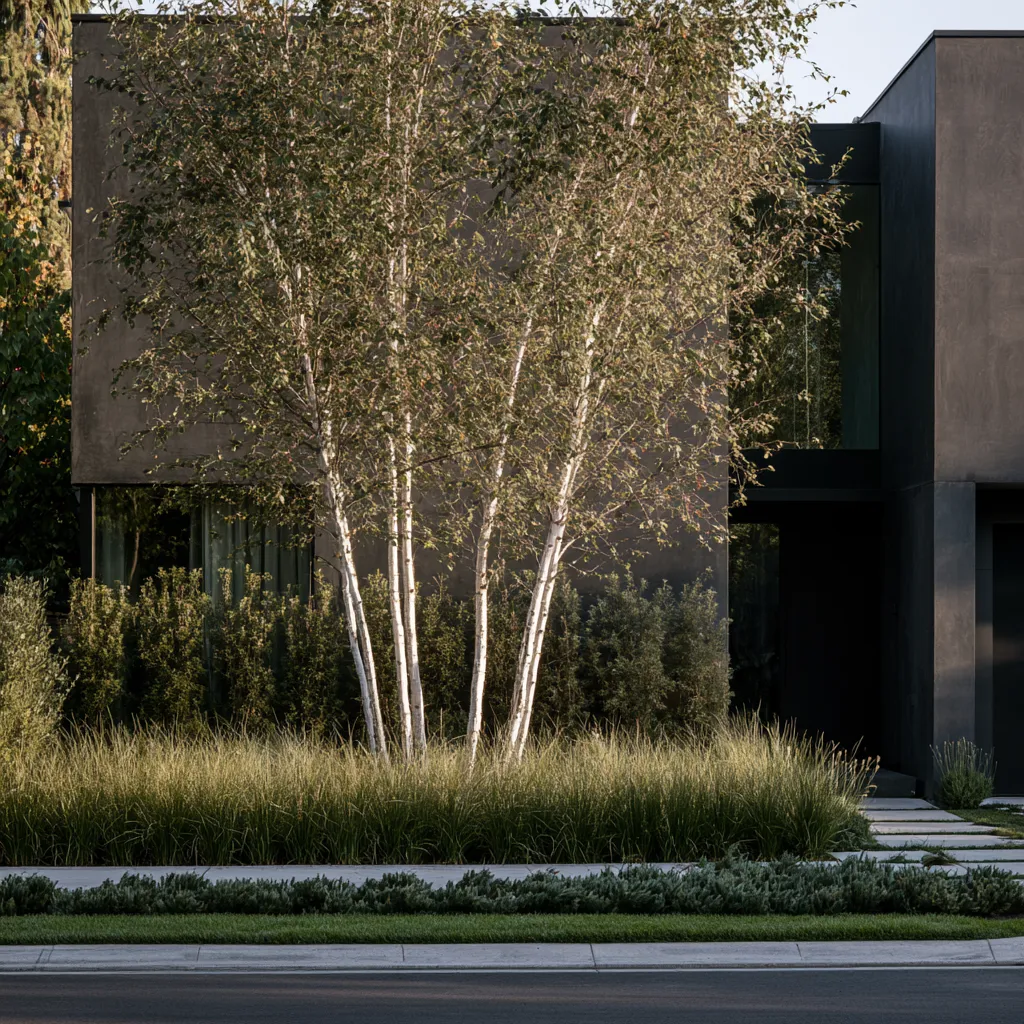 Multi-stem birch tree in modern front garden design framing dark render house facade from street view