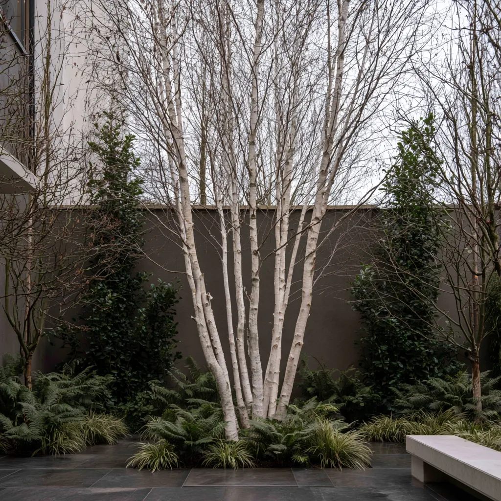 Multi-stem birch tree in urban courtyard garden design with white stems above dark render walls and fern underplanting