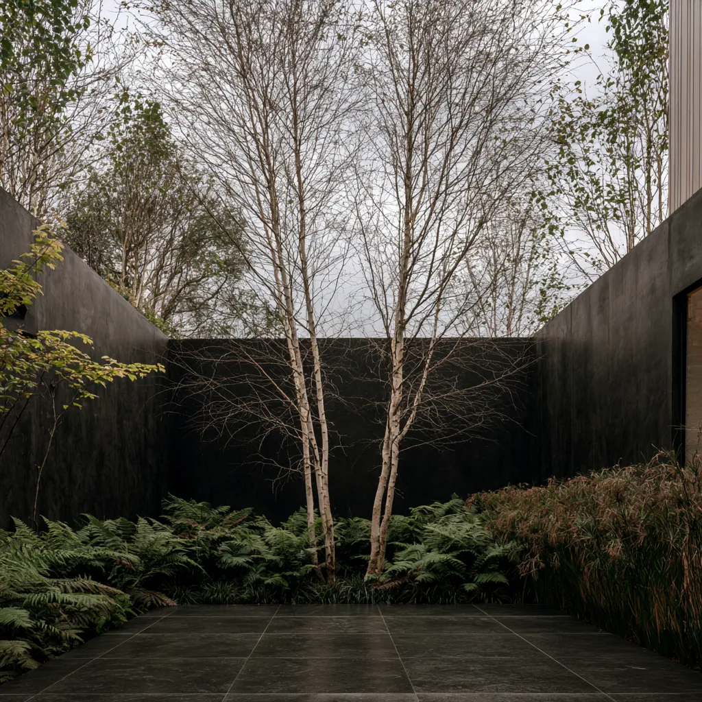 Walled courtyard landscape design with multi-stem birch tree rising above dark walls and dark paving