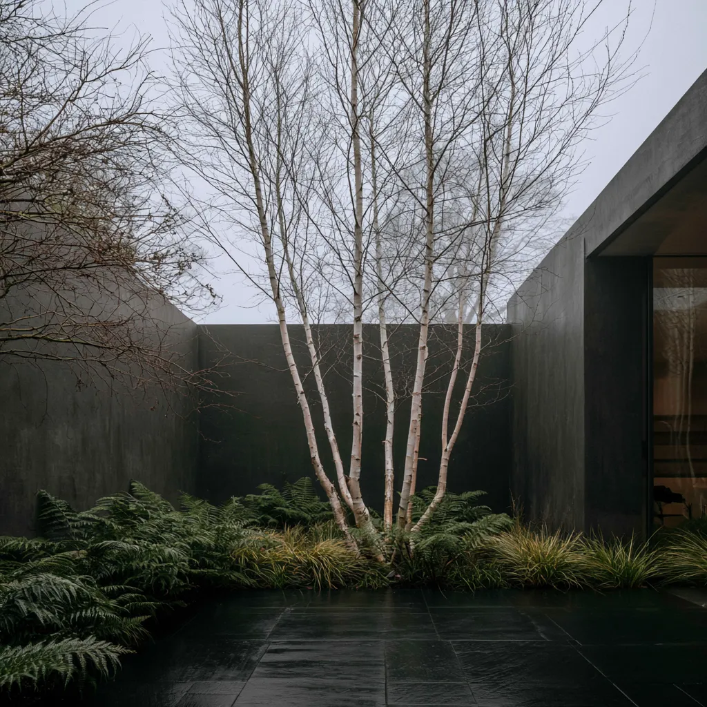 Contemporary urban garden with multi-stem birch tree white stems against dark courtyard walls and Carex planting