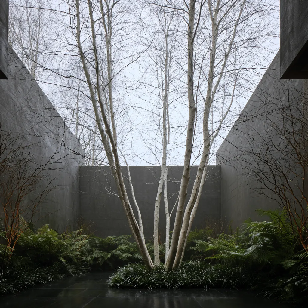 Modern courtyard landscape multi-stem birch design with winter canopy viewed looking upward against grey sky