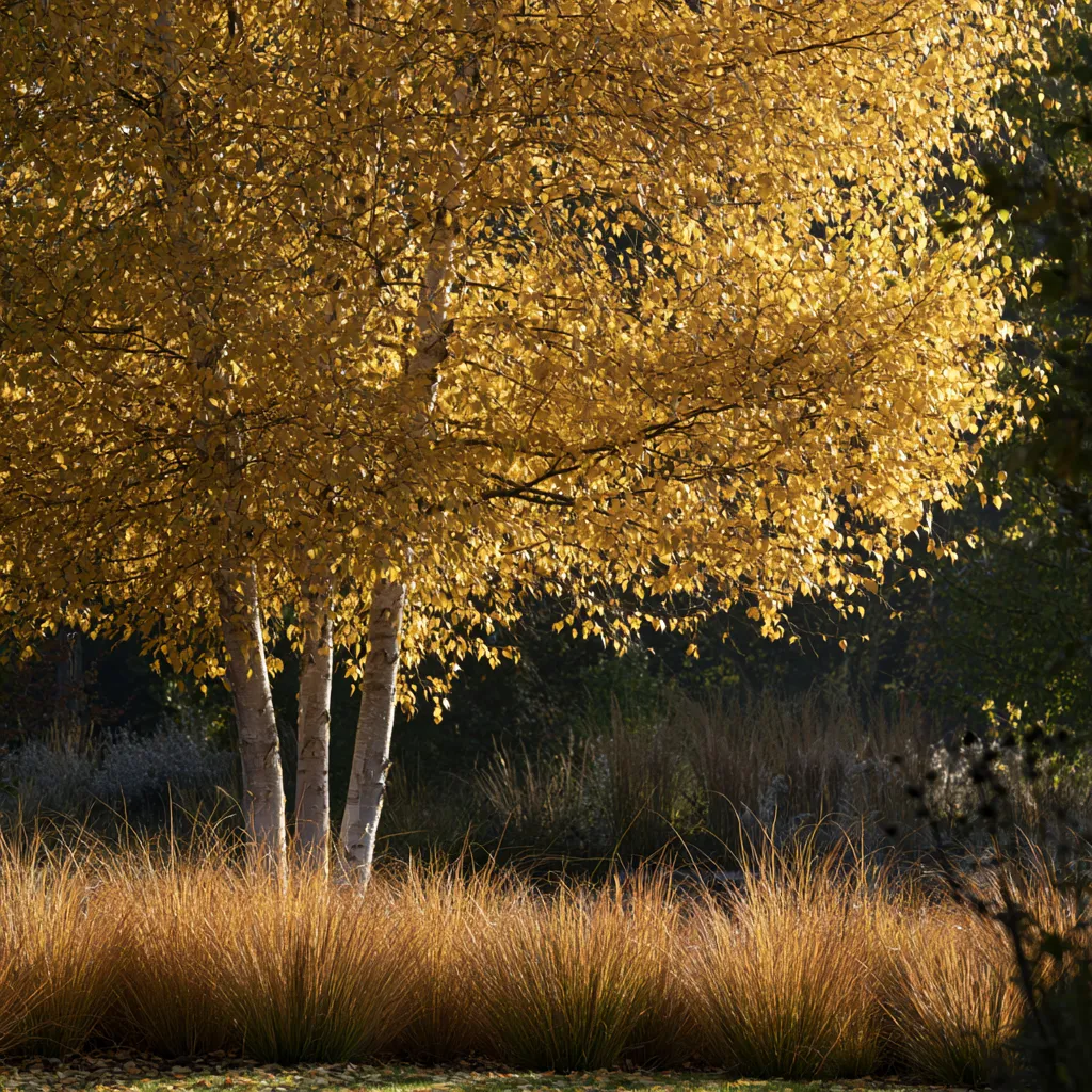 Modern landscape multi-stem birch tree autumn interest with yellow foliage ornamental grass and white stems
