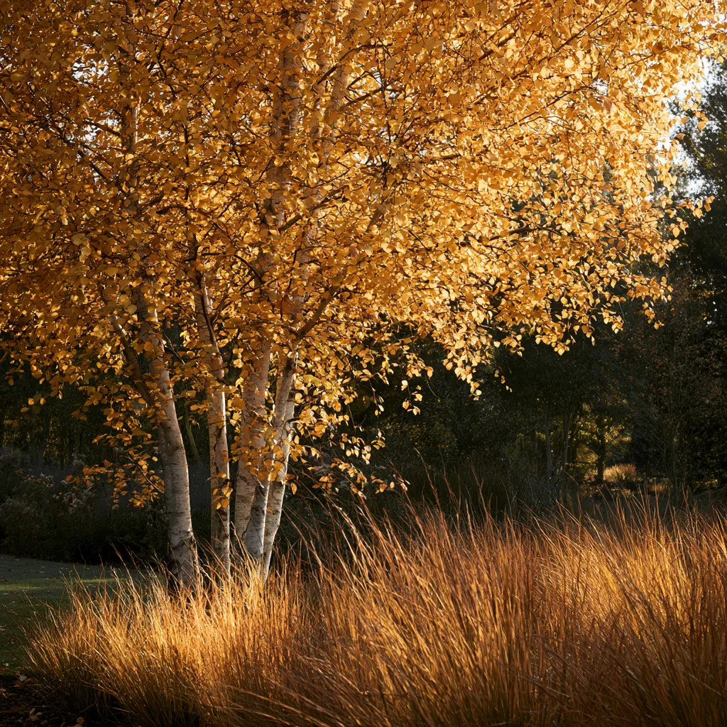 Garden design multi-stem birch in autumn with warm backlit golden leaves above white stems and amber grasses