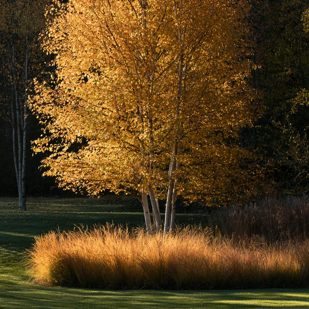Multi-stem birch tree in autumn modern landscape garden with golden leaves and white stems in October morning light