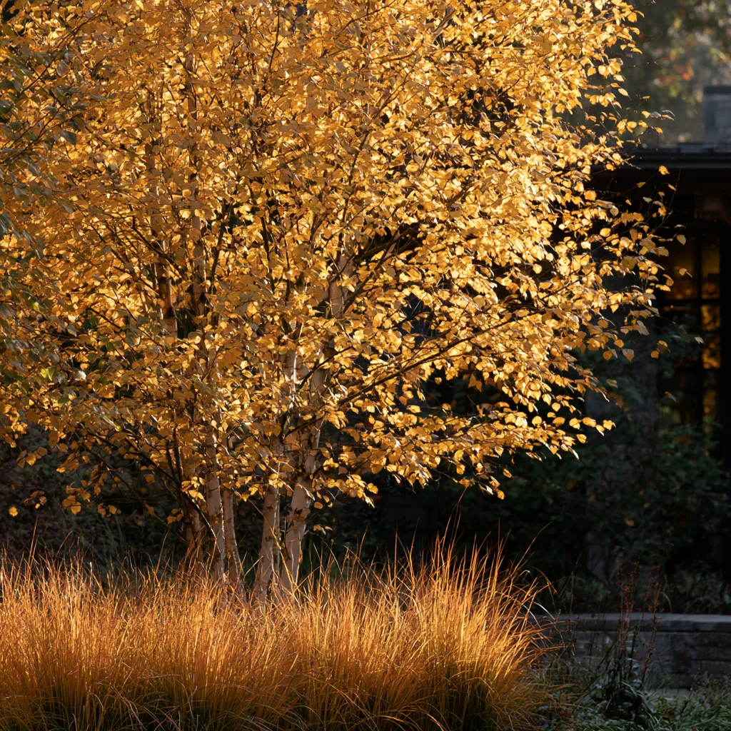 Contemporary garden design with multi-stem birch in autumn colour showing golden canopy above white bark