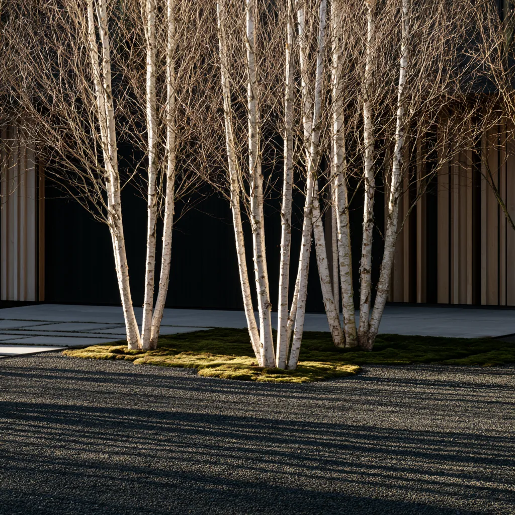 Modern landscape grove planting of multi-stem birch trees with white stems and moss underplanting in winter light