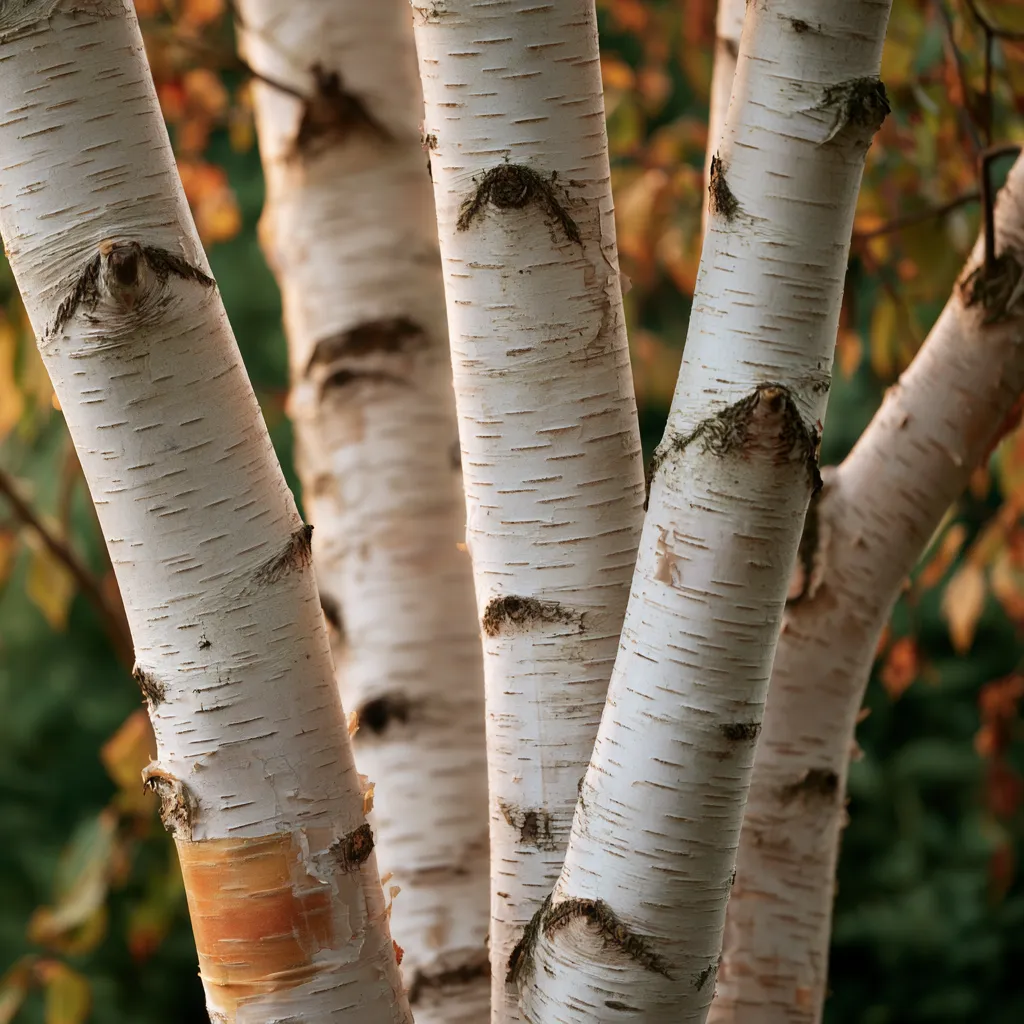 Detail shot of multi-stem Betula jacquemontii bark texture with orange undertones for modern landscape design