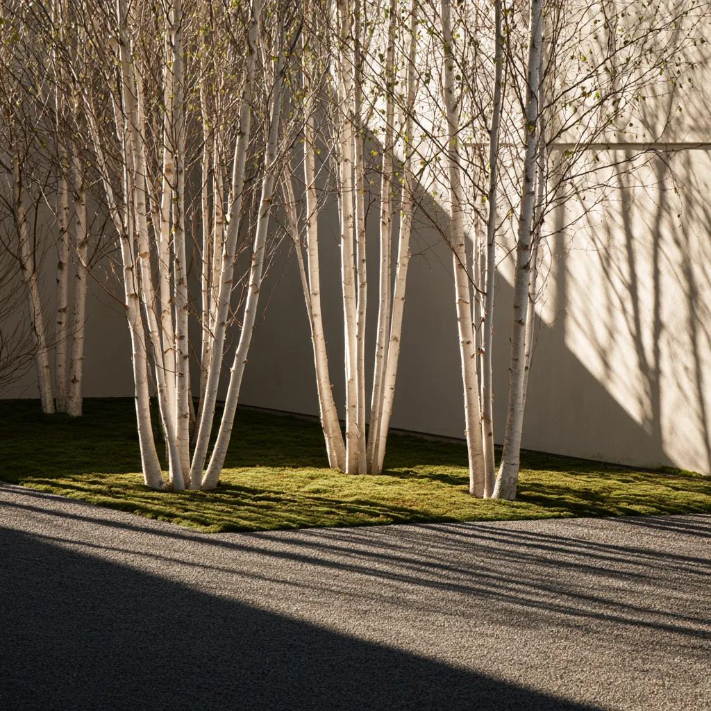 Garden design grove of multi-stem birch trees in contemporary landscape with overlapping winter stem shadows