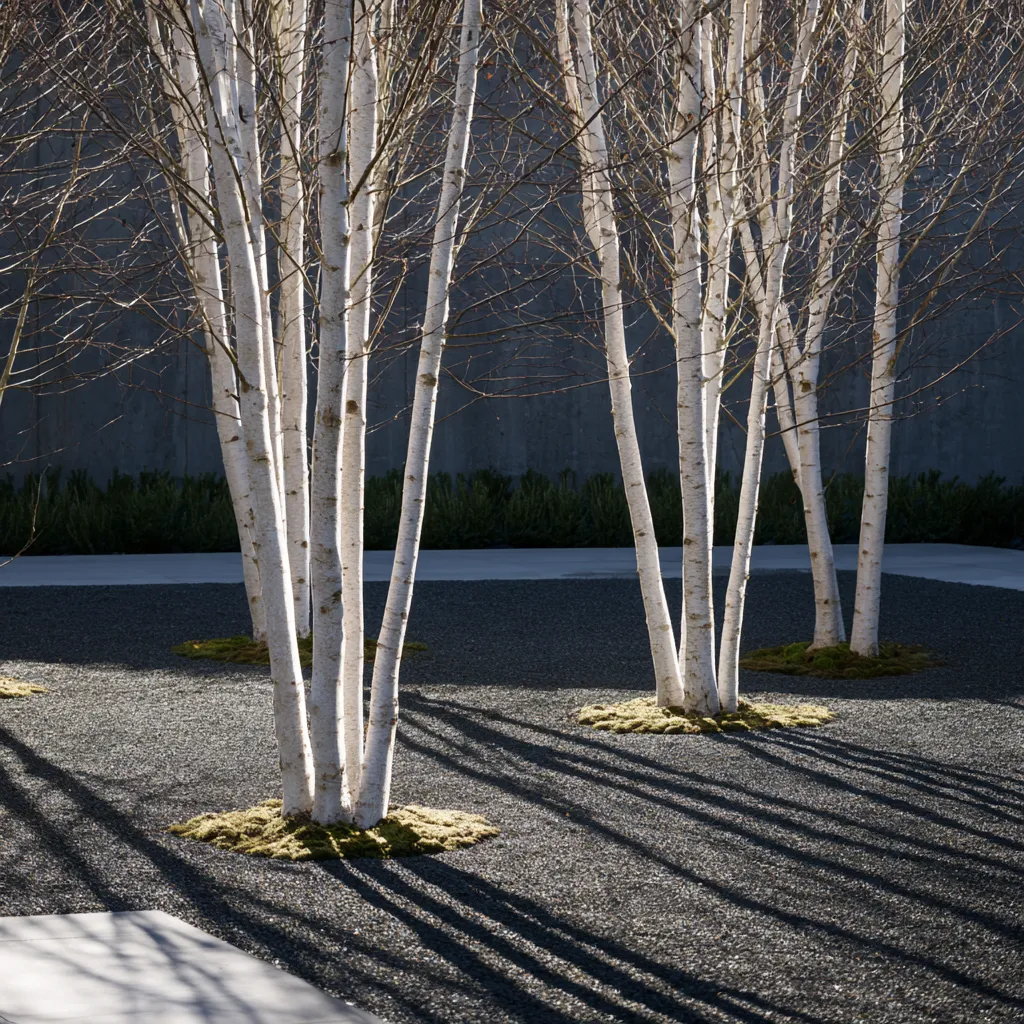 Multi-stem birch tree grove in modern landscape garden design with five white stem clusters casting winter shadows
