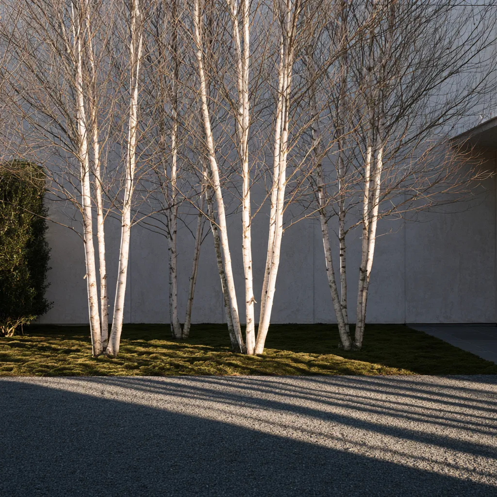 Contemporary garden birch grove design with informal multi-stem cluster and dark gravel ground plane in low sun