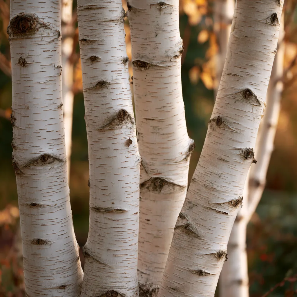 Close-up multi-stem birch trunk bark texture showing warm and cool tones for contemporary garden planting