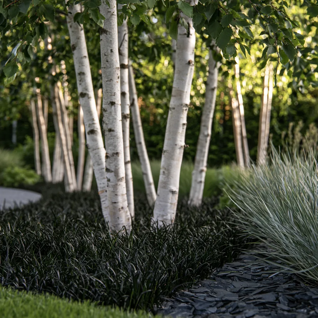 Underplanting beneath multi-stem birch tree in modern garden design with dark Ophiopogon and silver Festuca