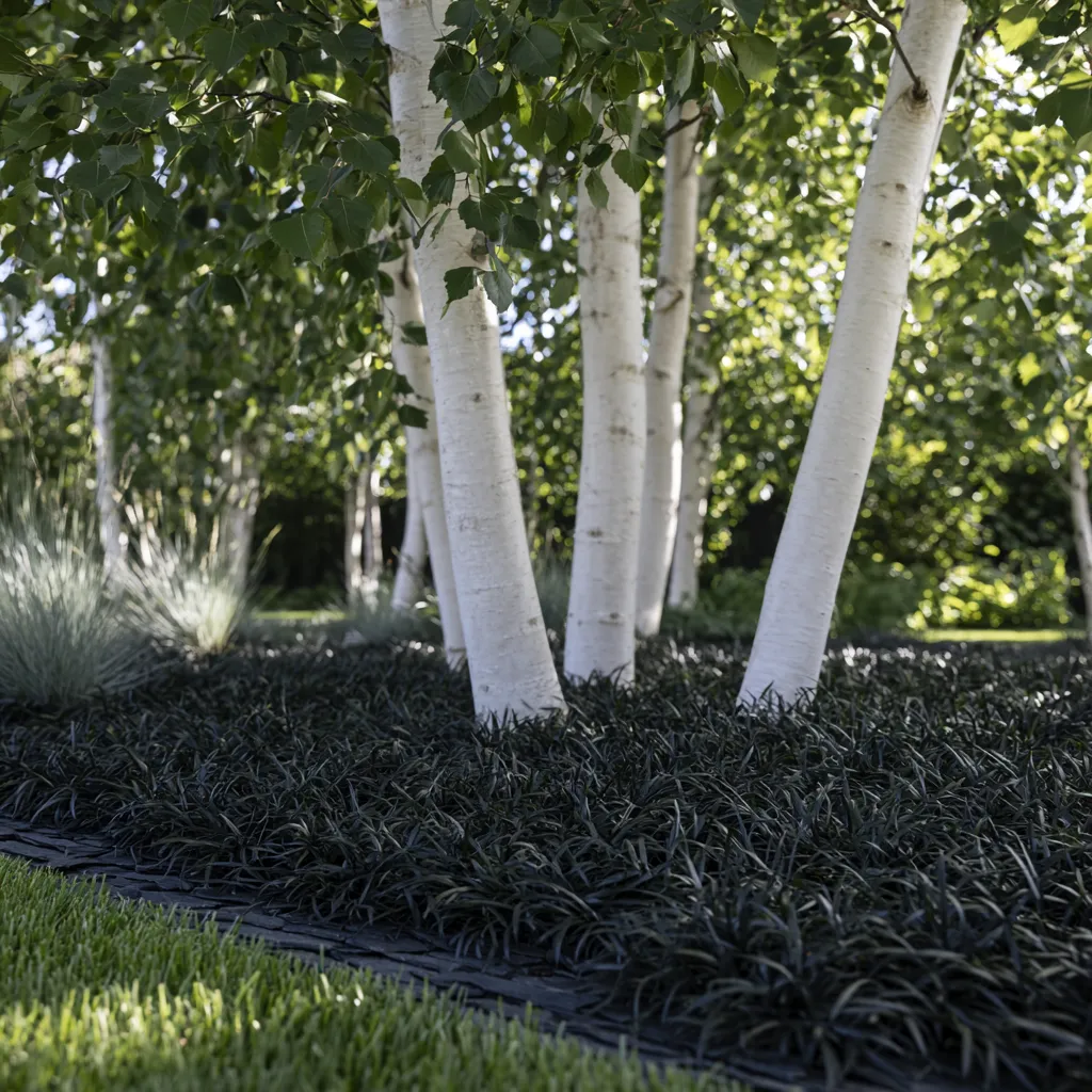 Ground view of multi-stem birch landscape design showing black mondo grass underplanting and dark slate mulch