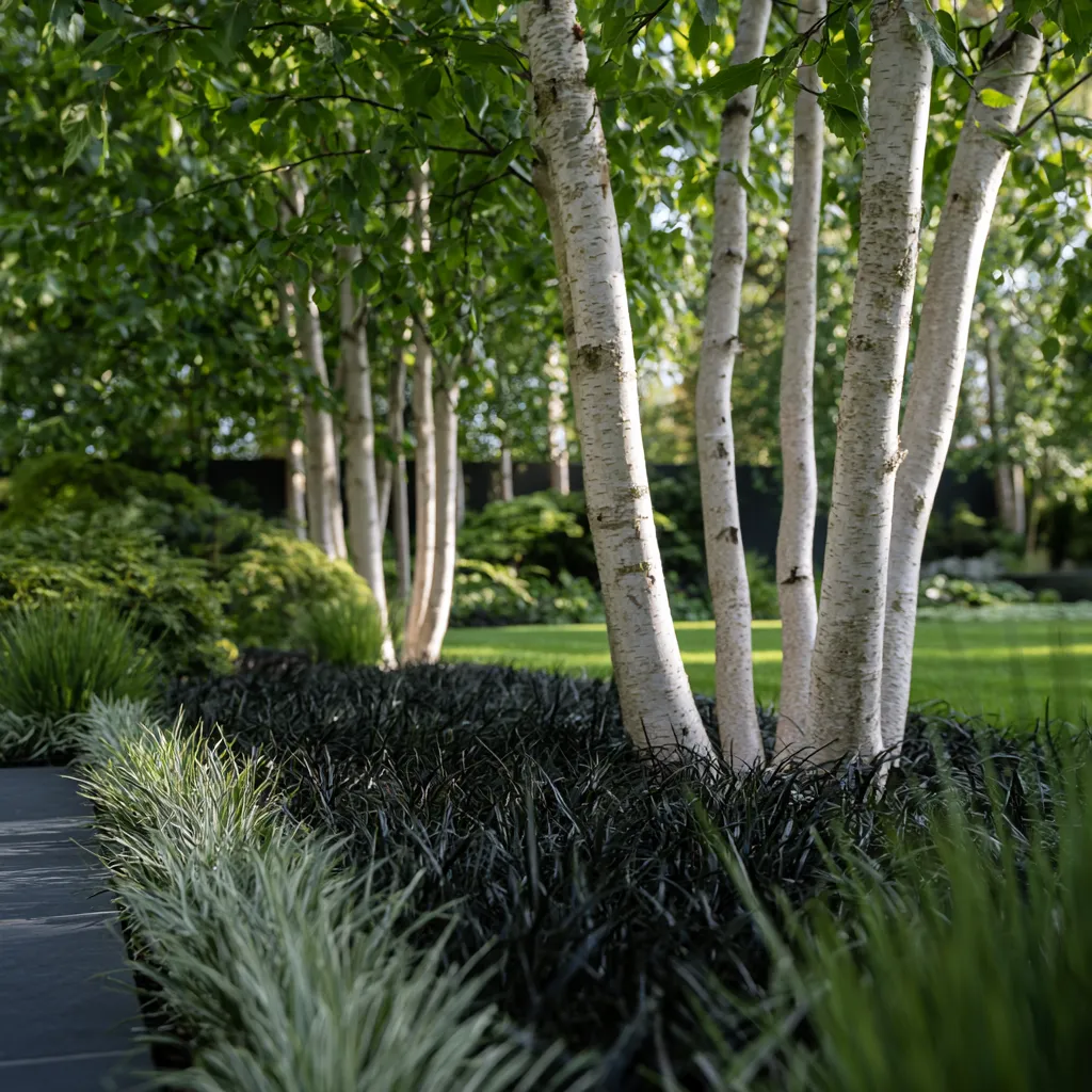 Contemporary garden underplanting plan beneath multi-stem birch with Ophiopogon nigrescens dark carpet