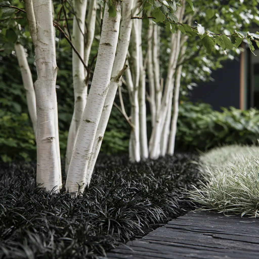 Modern landscape design multi-stem birch tree underplanting with dark groundcover and silver grass border