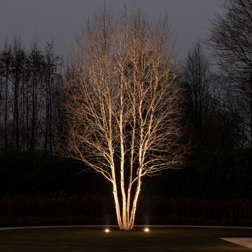 Multi-stem birch tree night lighting in modern landscape garden with warm LED uplights on glowing white stems
