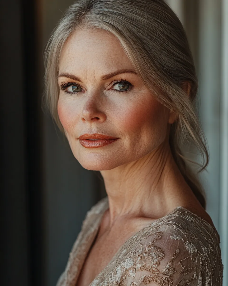 Woman in her 50s with natural glowing makeup that doesn't settle showing how mature skin can look radiant and fresh