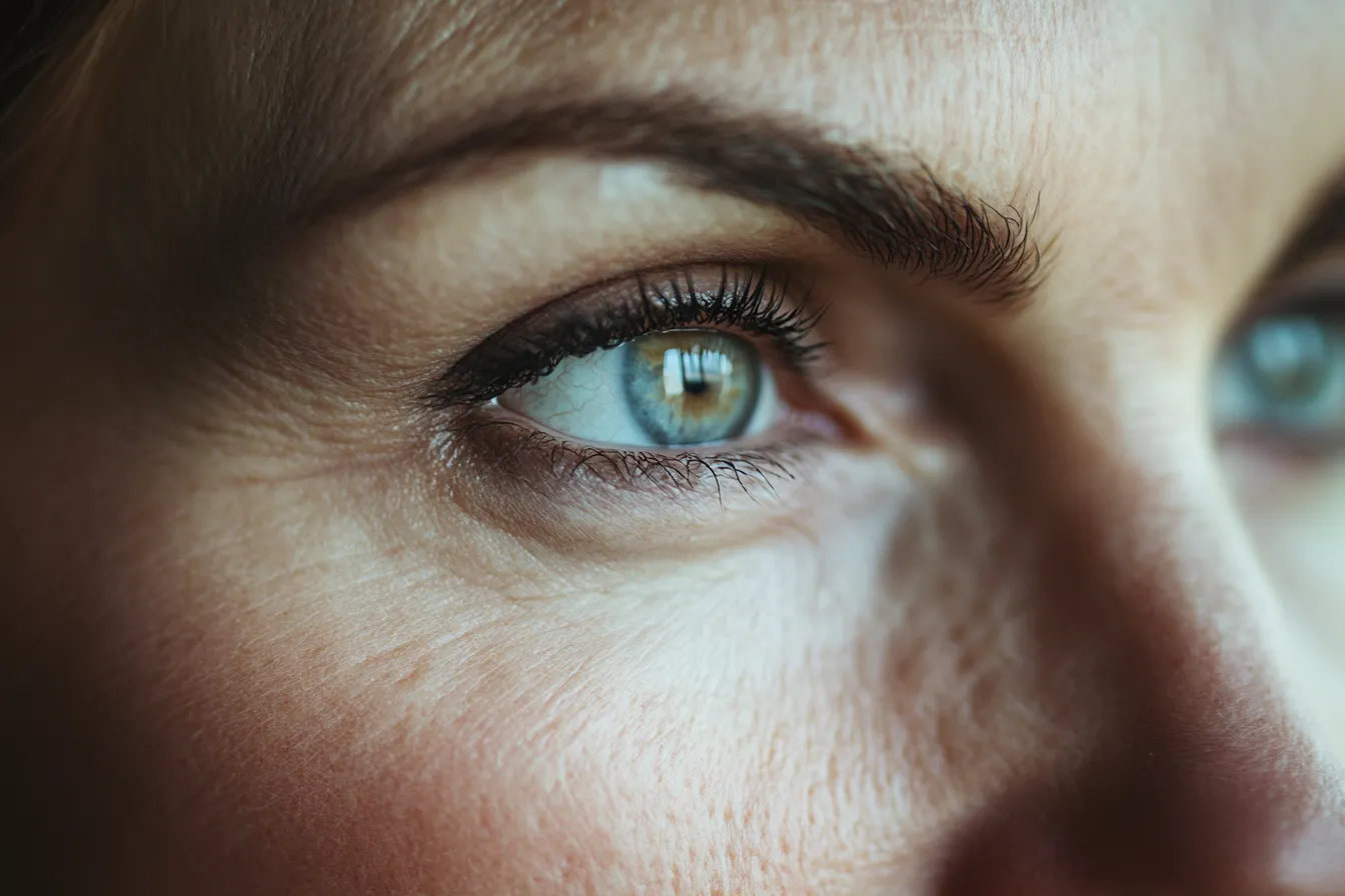Editorial macro of eye makeup on mature skin over 50 showing natural blended shadow and soft liner that stays fresh