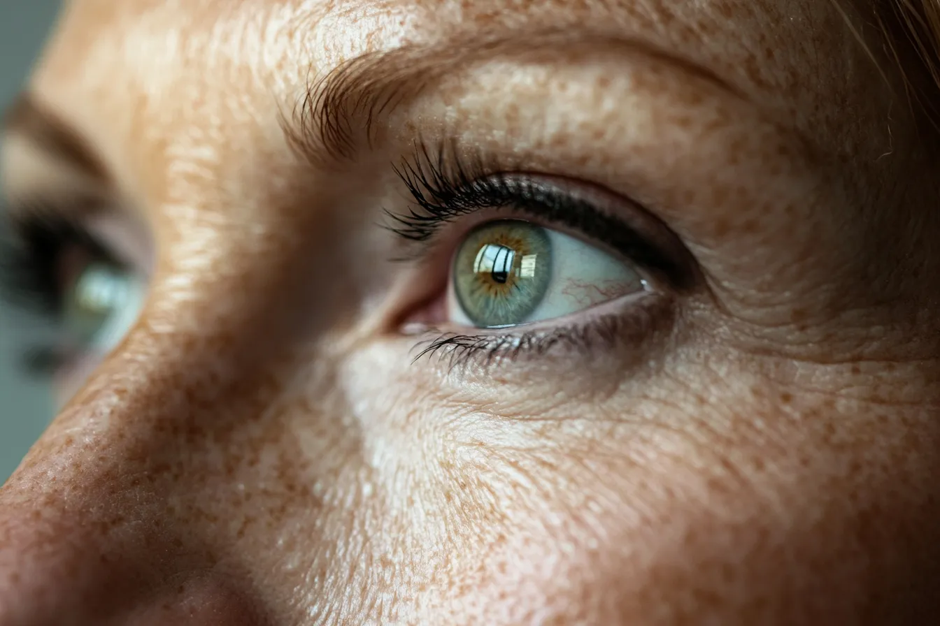 Detail portrait of over 50 eye with natural makeup applied correctly so shadow doesn't settle and liner doesn't smear