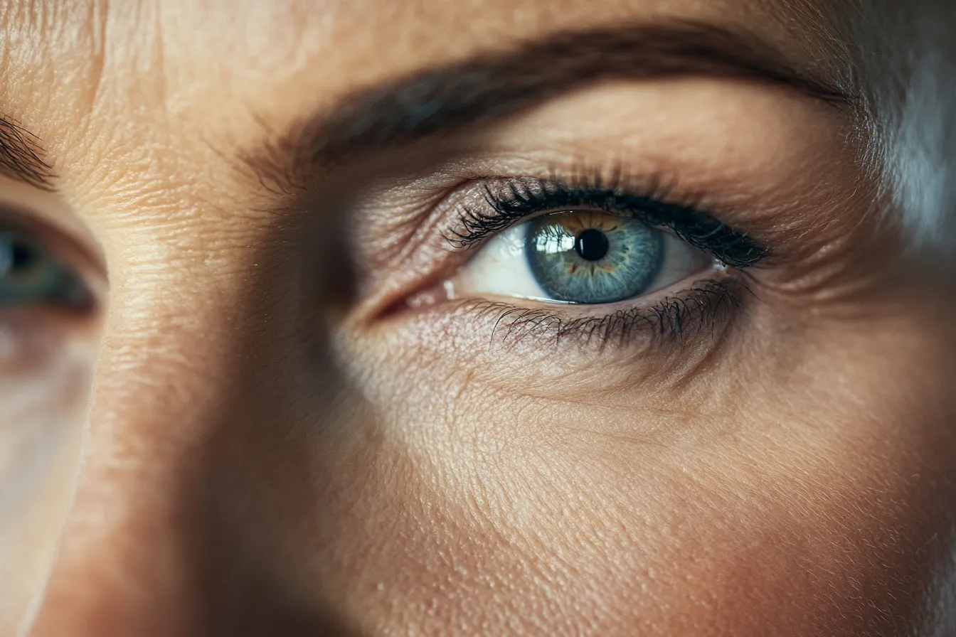 Close editorial eye portrait of mature skin woman showing natural shadow and liner that doesn't settle in real skin texture