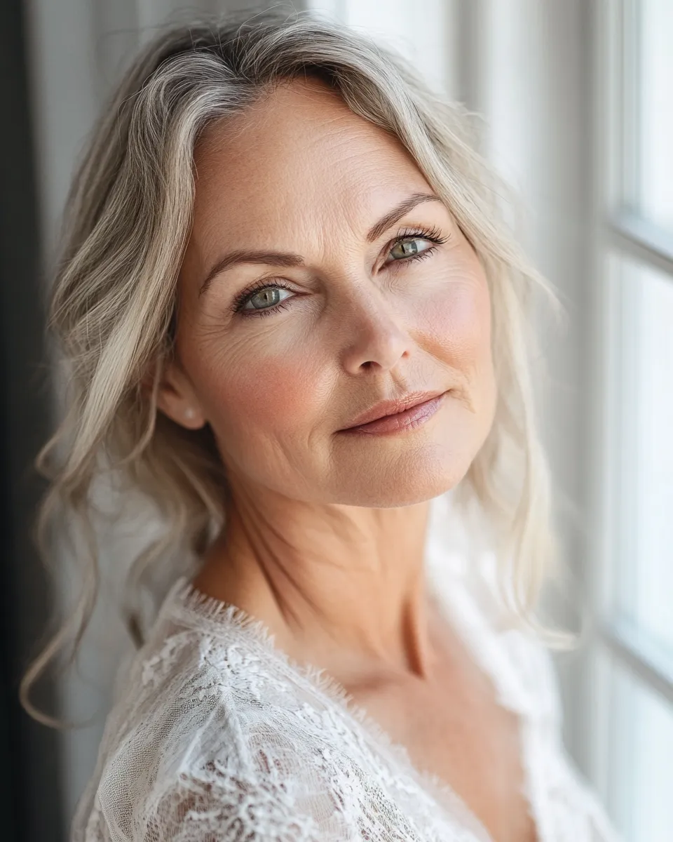 Beauty editorial of mature woman over 50 with complete natural makeup look that doesn't settle into wrinkles or lines