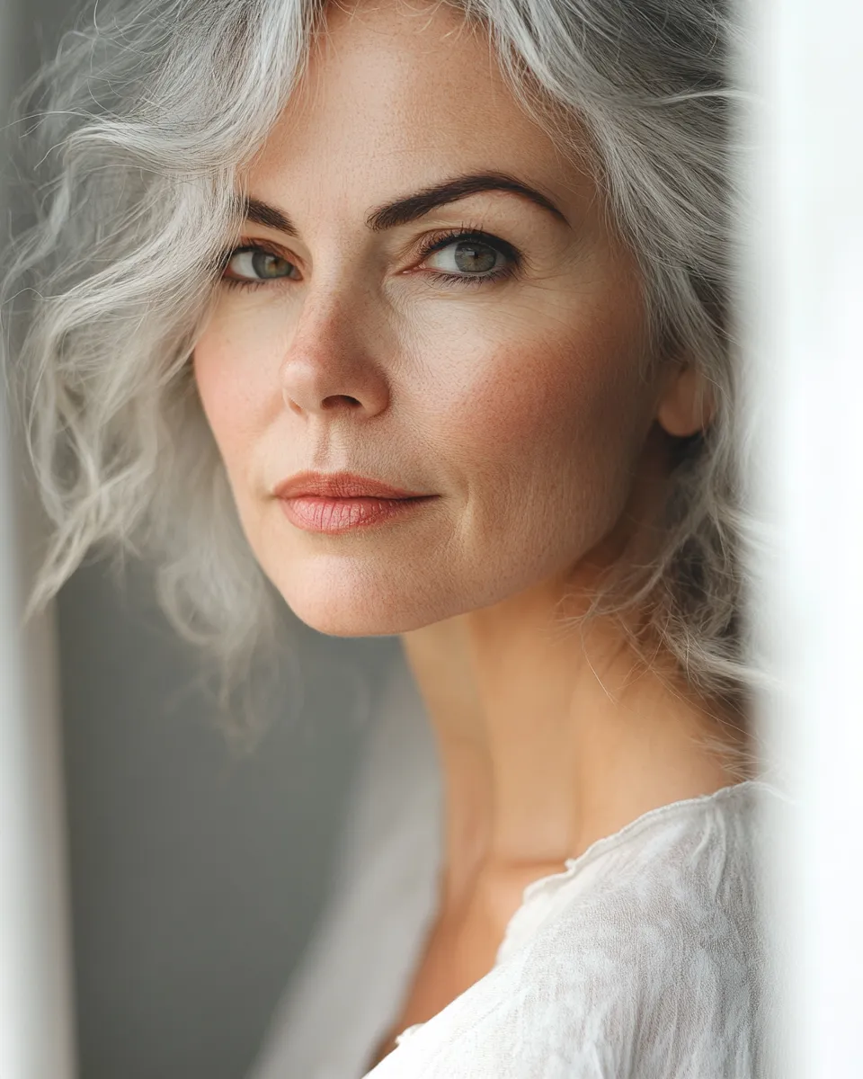Confident real woman over 50 showing natural makeup with cream blush and glowing finish that doesn't settle or cake