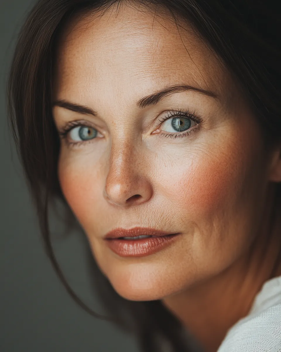 Elegant real woman in her 50s with full natural makeup that doesn't settle showing healthy blush and luminous skin