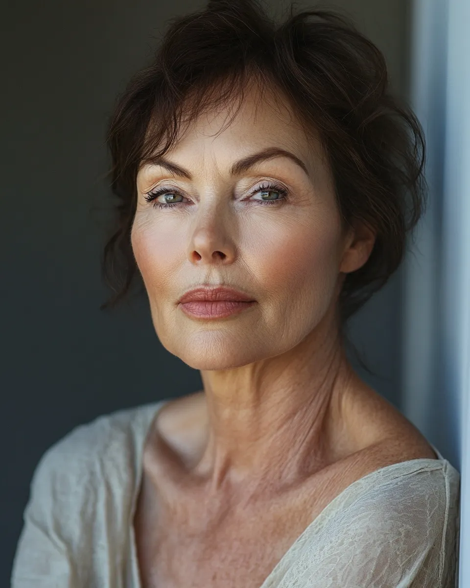 Full face portrait of over 50 woman with natural glowing makeup that stays fresh and doesn't settle all day