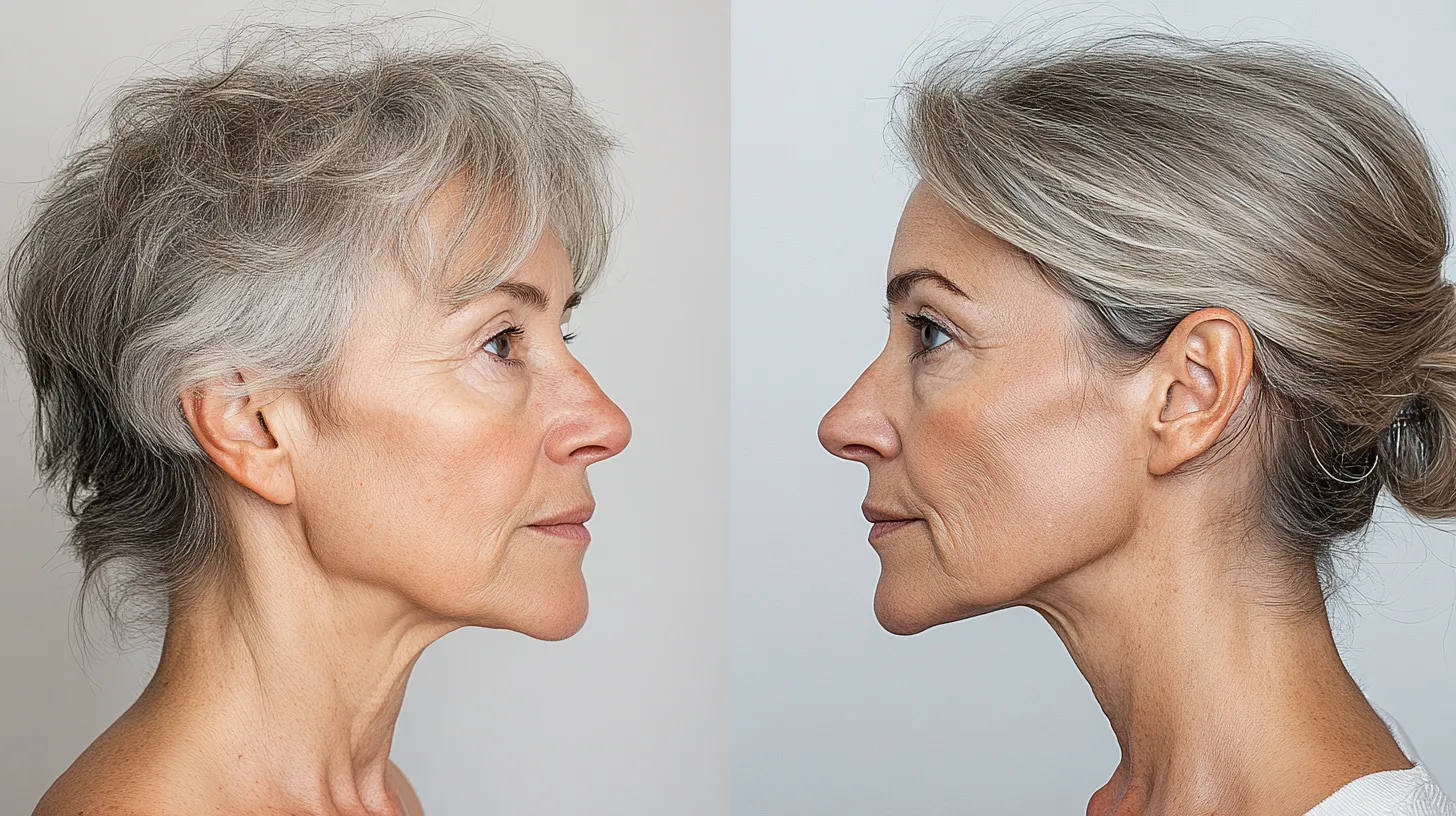 Side by side before after of over 50 natural makeup look that stays fresh and doesn't settle in fine lines all day