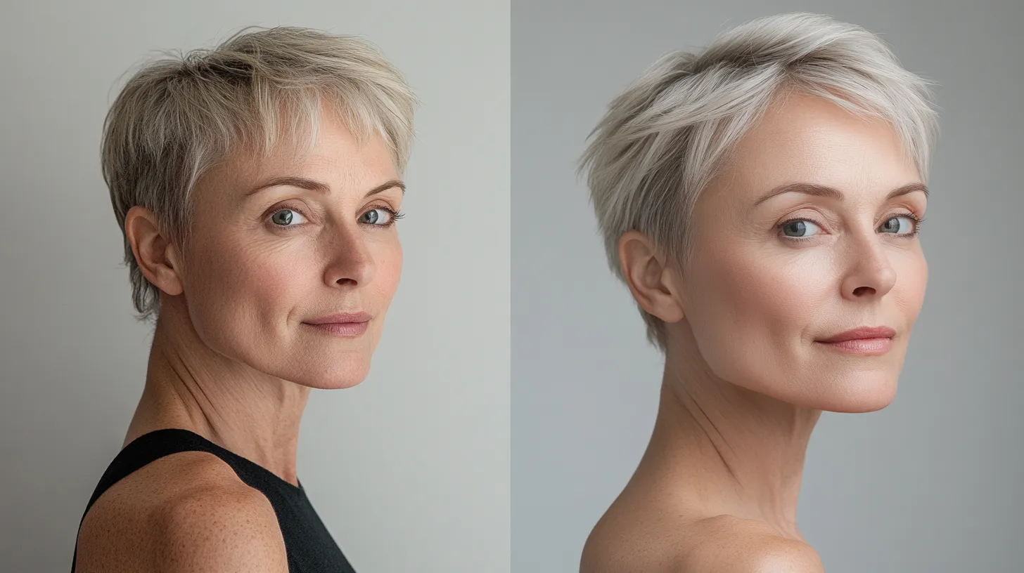Before and after of natural makeup for mature skin over 50 that doesn't settle showing bare skin versus fresh makeup result