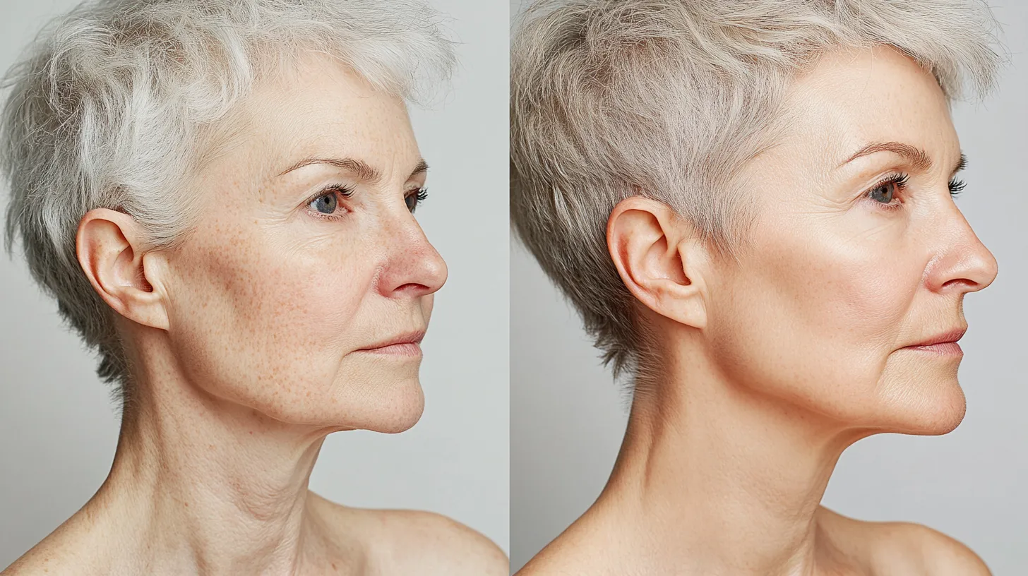 Split portrait before after showing real woman over 50 with natural makeup that doesn't settle into lines or wrinkles