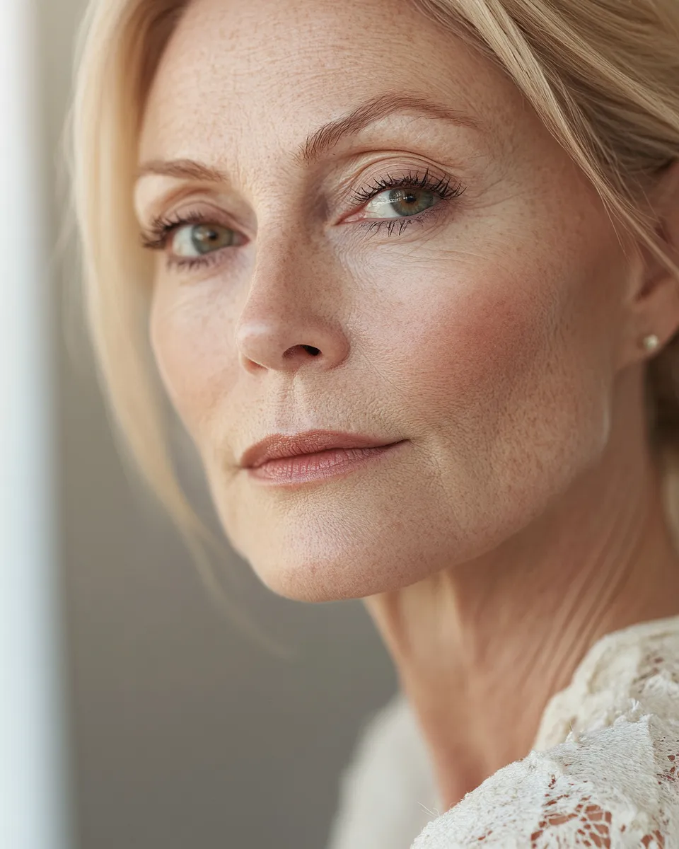 Beauty portrait of over 50 woman with natural makeup applied correctly so it doesn't settle into wrinkles or creases