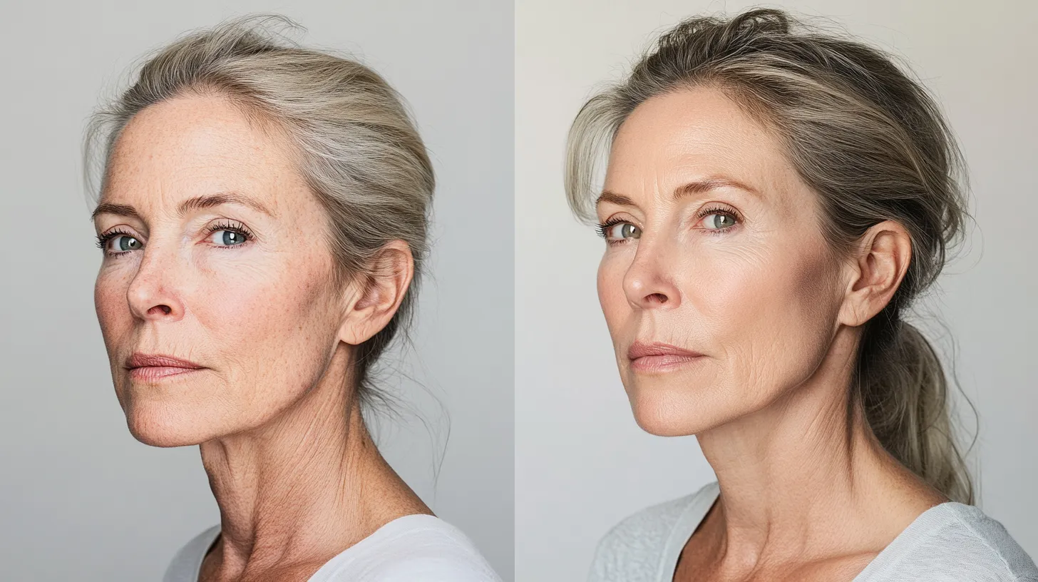 Editorial before and after of mature skin over 50 with natural makeup applied so it doesn't settle transformation