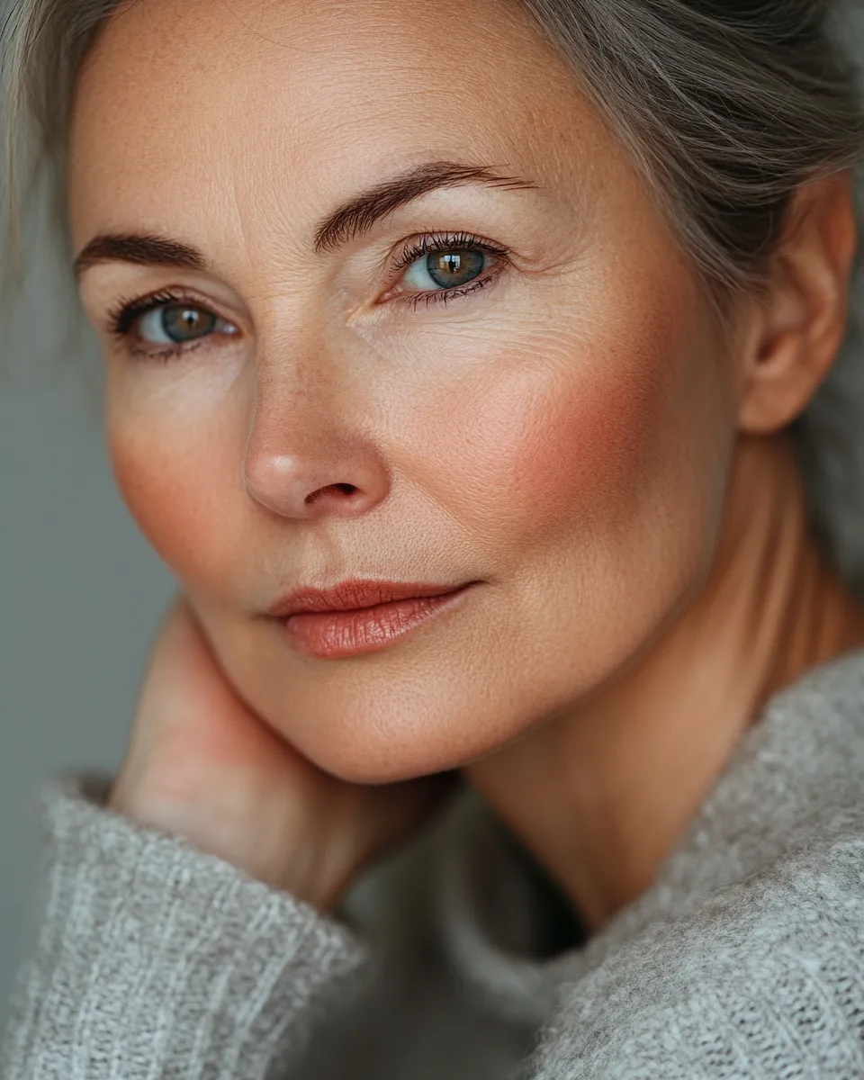 Real woman over 50 wearing natural makeup that doesn't settle into lines with luminous skin and soft flush